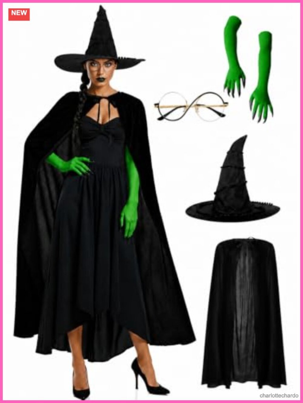 5 Pc Witch Costume Set Hat Cape Gloves Glasses Halloween Cosplay